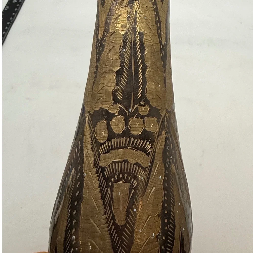 VTG Hand Etched‎ Brass Bud Vase Indian Floral Design Bronze Gold